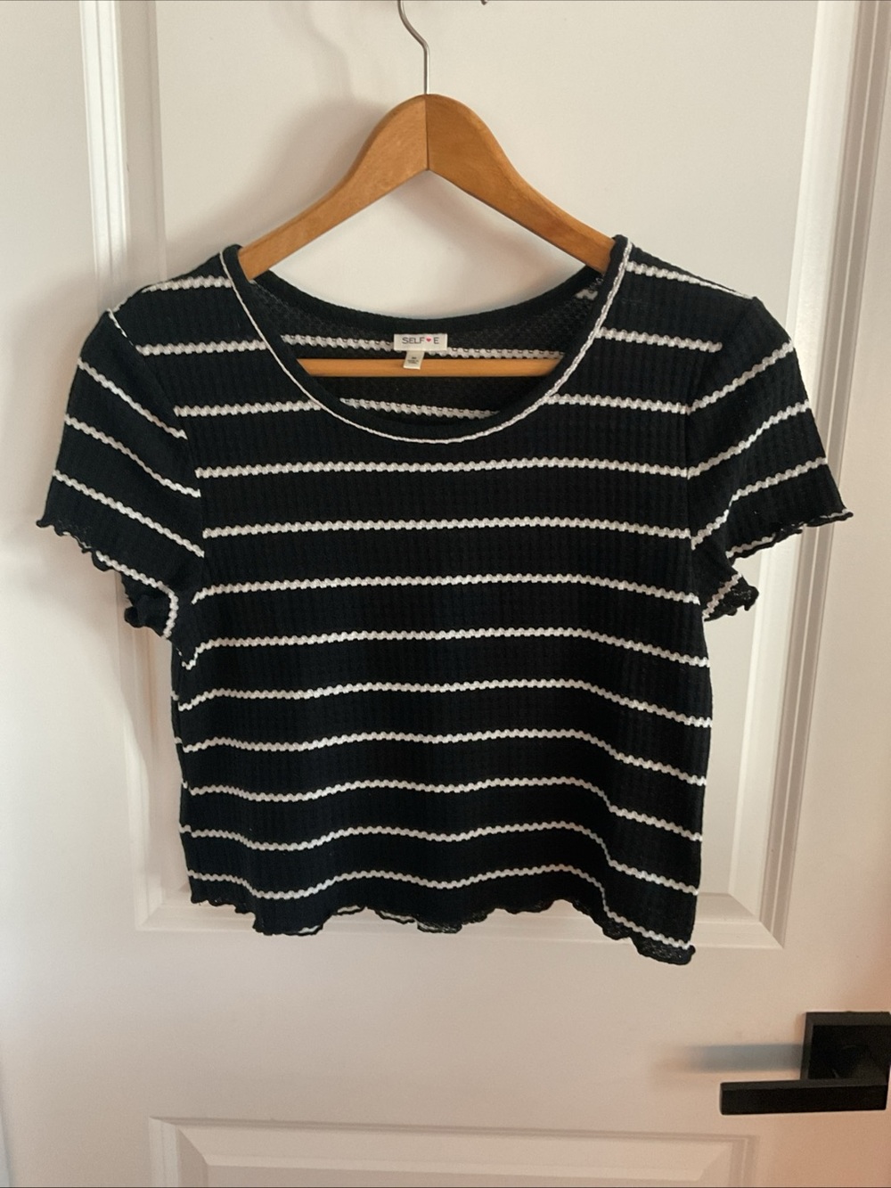 Selfie - Striped Ribbed Short Sleeve Tee - Black & White - Ladies Size Medium